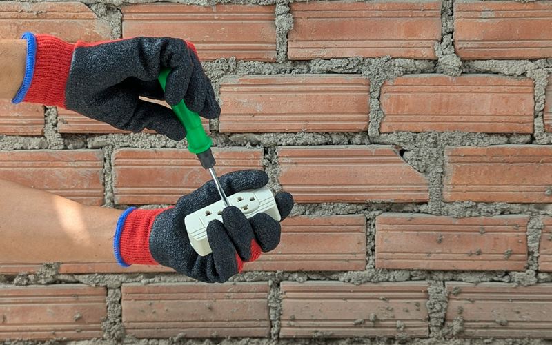 Technician fixing a switch socket on a brick wall
